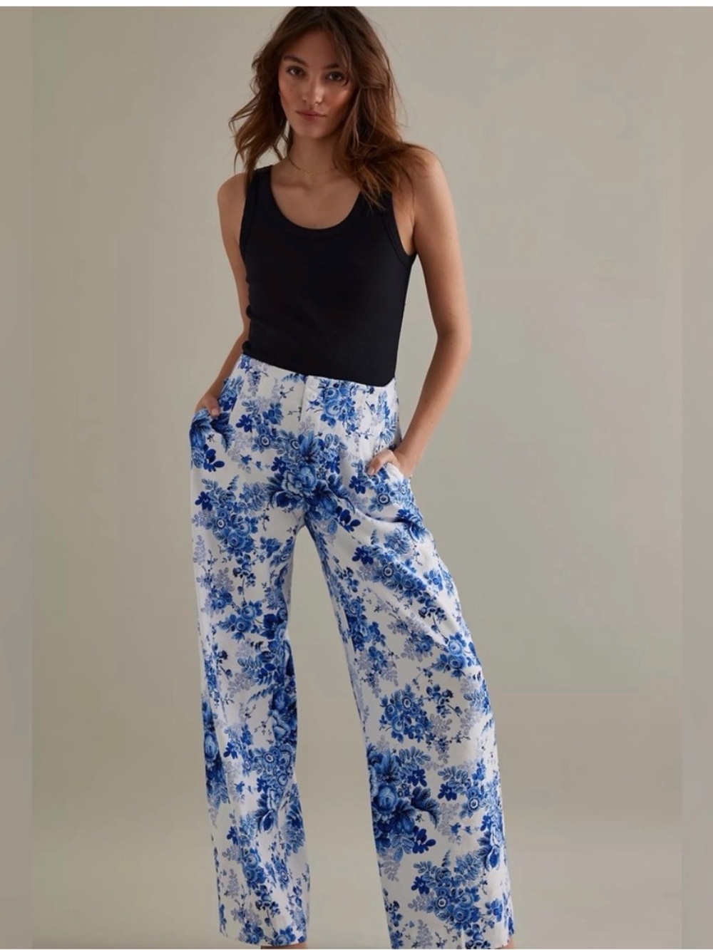 Anthropologie MAEVE Blue and White Floral Wide-Leg Pants